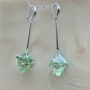 Green Fluorite Octahedron Dangle Earrings E29